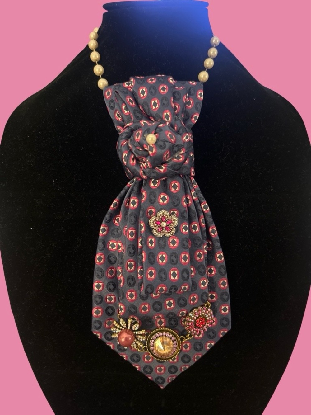 Embellished Silk Neck Scarf Necklace in Navy and Red
